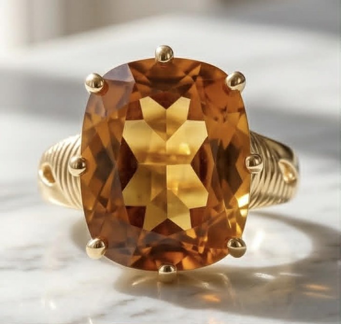 Liliana 21.5 carat Champagne Smoky Topaz .925 Sterling Silver dipped in Real 18K Gold Oversized Ring size 10 - Close-up of Liliana 21.5 carat Champagne Smoky Topaz ring on marble.