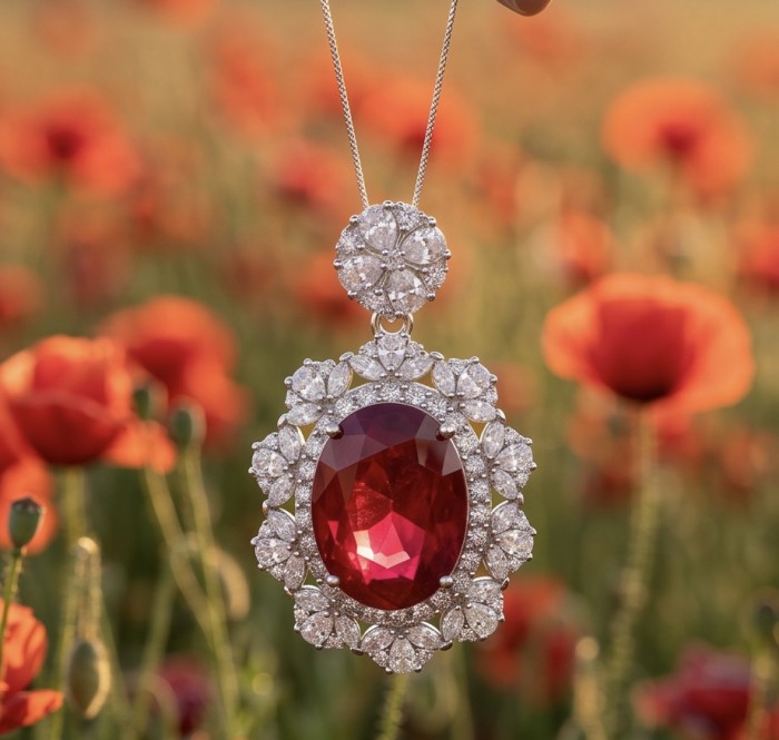 Incredible oval cut 18.8 carat Mozambique Ruby .925 Sterling Silver handcrafted pendant - Close-up of oval Mozambique ruby pendant in floral setting.