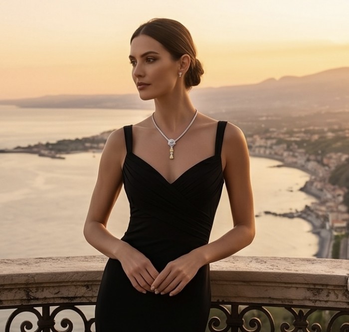 Luxurious - 6.7 carat yellow Montana Sapphire .925 Sterling Silver handcrafted Statement Necklace - Woman wearing luxurious sapphire necklace with sunset backdrop