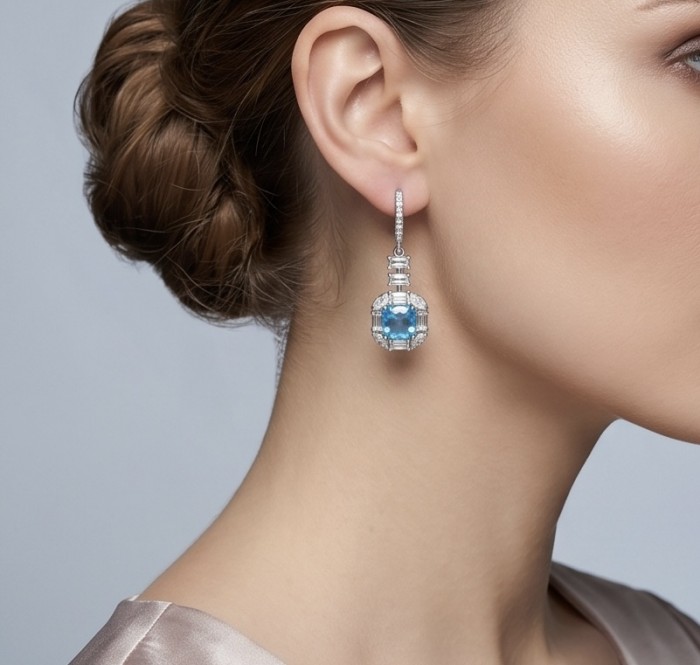 Atlantica 14.7 carat princess cut Swiss Blue Topaz rhodium over .925 Sterling Silver Handcrafted Statement earrings - Side view of Atlantica 14.7 carat Swiss Blue Topaz earring worn.