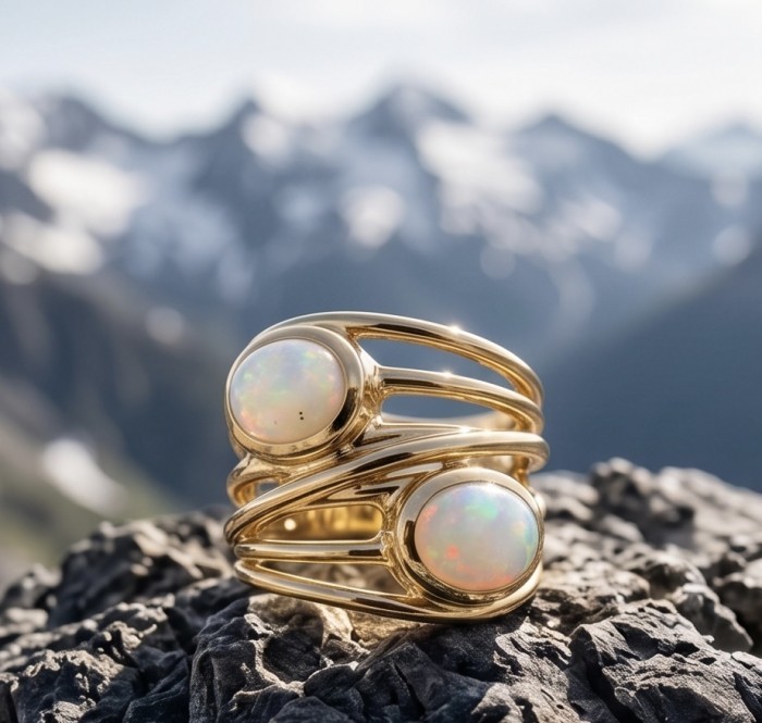 Golden Galaxy Genuine 5.8 carat Ethiopian Opal 14K Gold over .925 Sterling Silver handmade Ring size 7 - Close-up of opal ring with mountains in background