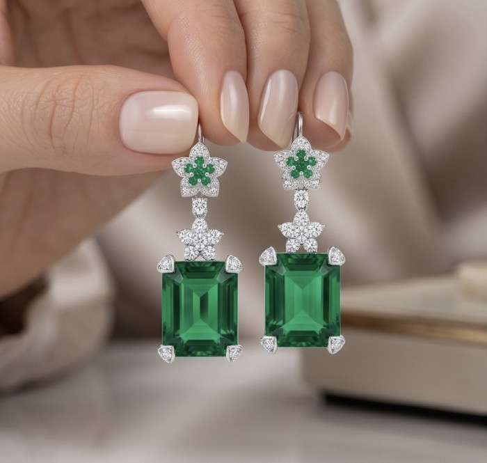 Spectaculat 12.5 carat Tsavorite Garnet .925 Sterling Silver handcrafted earrings - Close-up of emerald-cut tsavorite garnet earrings held by fingers