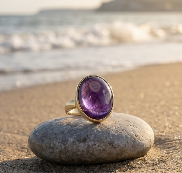 Peace 15.5 carat natural Amethyst 18K Gold over .925 Sterling Silver Handcrafted Ring size 8 adjustable - photo 3