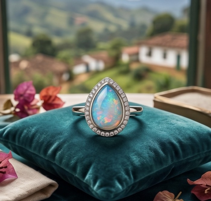 Endless Ocean Genuine 17.5 carat doublet Australian Opal .925 Sterling Silver handmade Ring size 8 - Close-up of Endless Ocean opal ring on velvet cushion