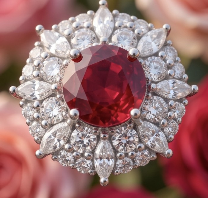 Genuine 3.8 carat Ruby rhodium over .925 Sterling Silver handcrafted Statement Pendant - Close-up of 3.8 carat ruby ring with diamond accents in rhodium-plated silver