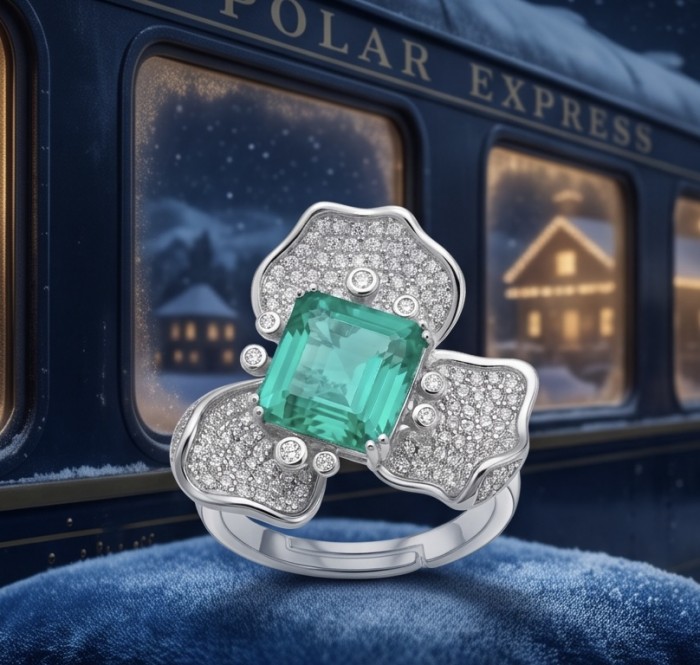 Elizabeth 4.8 carat Colombian Emerald 8.2 carat Moissanite .925 Sterling Silver dipped in Rhodium handcrafted Ring size 7 1/2 - Close-up of Elizabeth ring with emerald and moissanite stones.