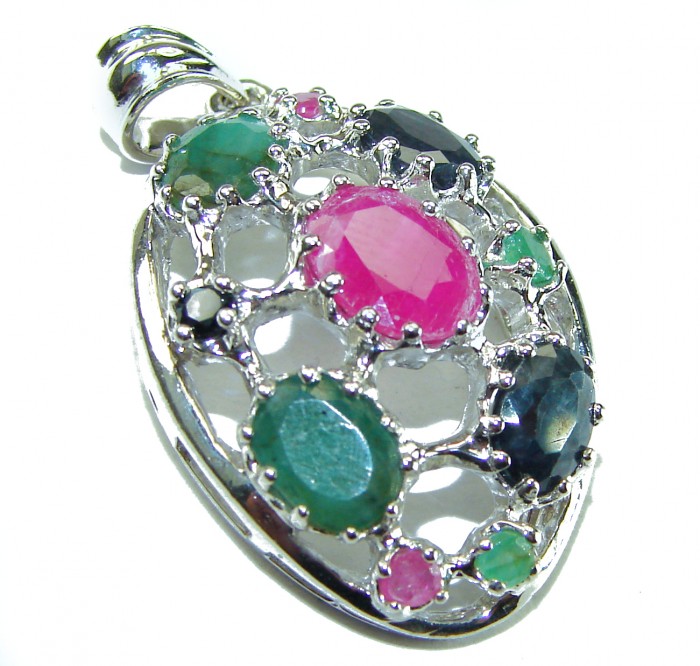 Precious Genuine 10.5 carat Emerald Ruby Sapphire .925 Sterling Silver handmade Pendant - photo 1