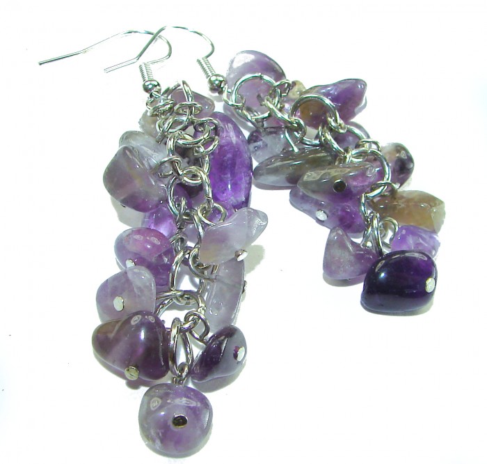 Purple Beauty - authentic 28.7 carat Amethyst .925 Sterling Silver handcrafted earrings - Purple amethyst earrings, side view, silver chain and hook details