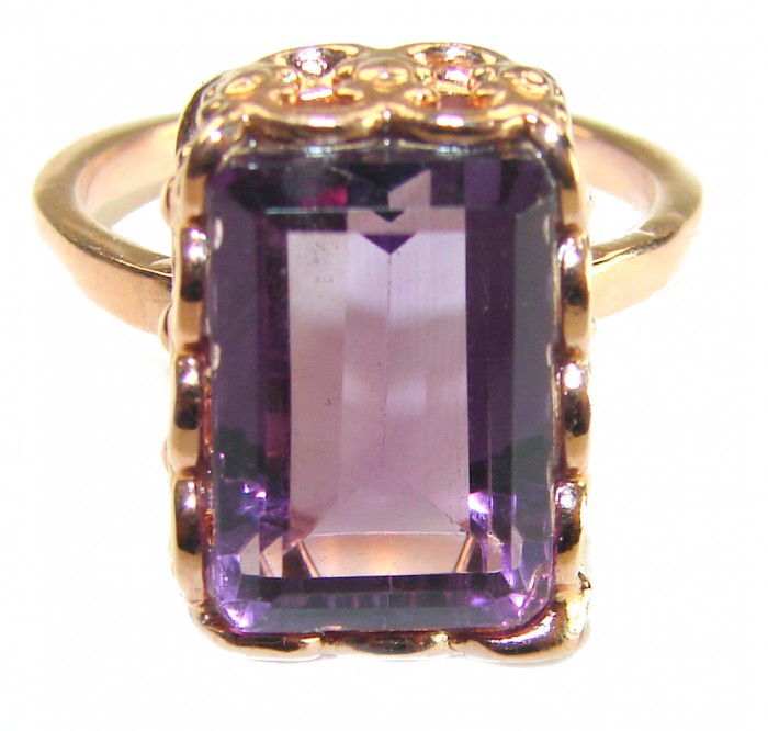 12.2 carat Amethyst 14K Rose Gold over .925 Sterling Silver Handcrafted Ring size 9 1/2 - Close-up of 12.2ct amethyst ring in 14K rose gold over sterling silver