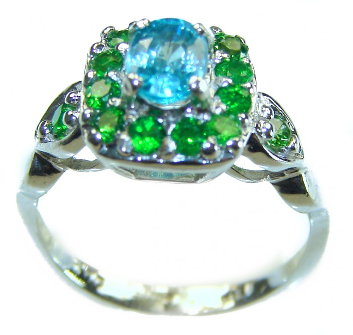 8.5 carat authentic Swiss Blue Topaz .925 Sterling Silver handmade Statement Ring size 6 - Close-up of Swiss Blue Topaz ring with green stones in sterling silver