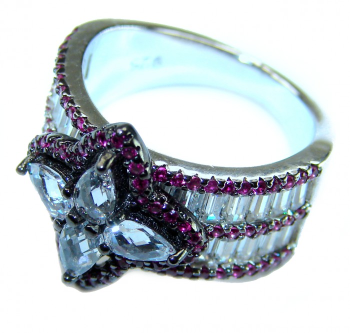Art Deco - 12.8 carat Authentic Ruby .925 Sterling Silver Handcrafted Ring size 6 - Side view of Art Deco ruby and blue stone sterling silver ring.