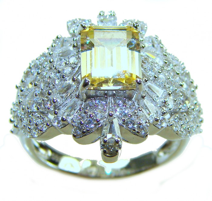 Vintage Beauty Authentic 4.5 carat Brazilian Citrine .925 Sterling Silver handcrafted Ring size 6 - Citrine ring close-up with detailed diamond accents on band.