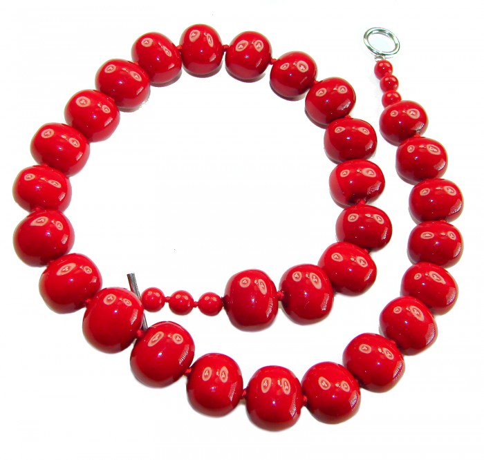 Konstancia Sublime natural Red Fossilized Coral Sterling Silver handmade Necklace - Red Fossilized Coral Necklace, top view showing bead details.