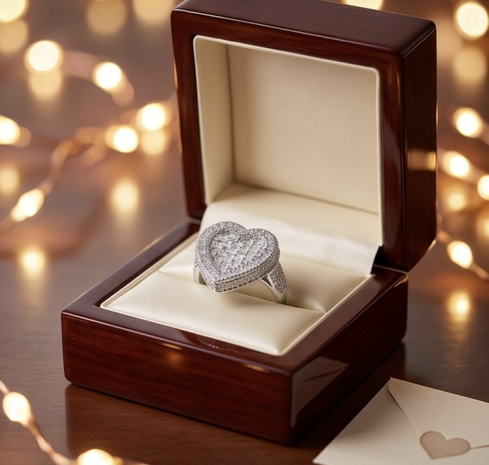 Art Deco Precious Heart - 10.5 carat White Sapphire .925 Sterling Silver Handcrafted Statement Ring size 7 1/2 - Heart-shaped white sapphire ring in box with bokeh lights background