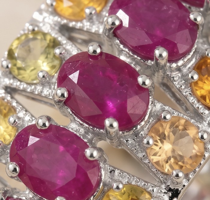 Valentina 18.2 carat Mozambique Ruby multicolor Sapphire .925 Sterling Silver dipped in rhodium Statement handcrafted earrings - Close-up of Valentina 18.2 carat Mozambique Ruby multicolor Sapphire ring