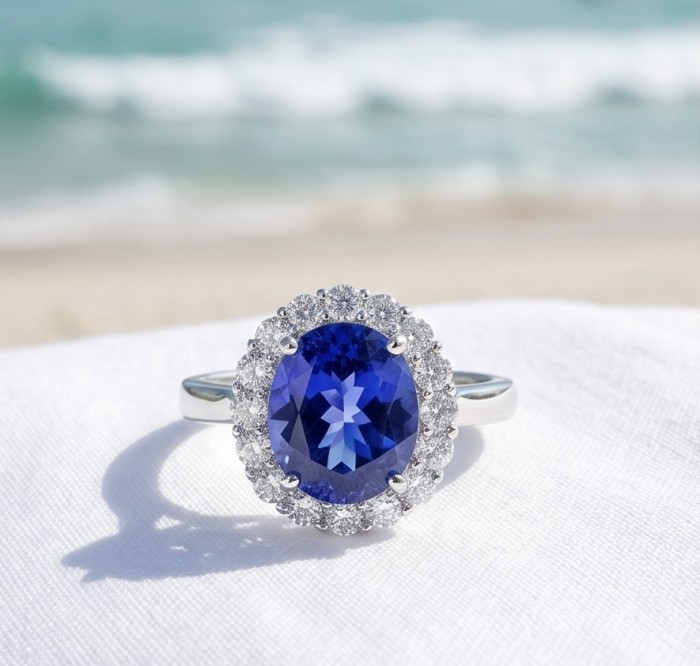 Royalty Design oval cut 24.9 CARAT Tanzanite .925 Sterling Silver Statement Ring s. 9 1/4 - Close-up of Royalty Design oval cut 24.9 carat Tanzanite ring on fabric