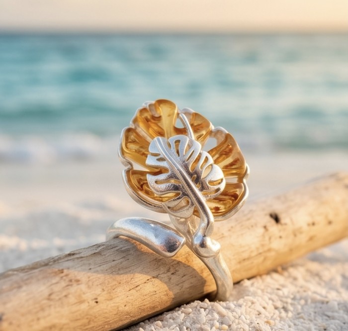 Golden Leaf Authentic carved Baltic Amber .925 Sterling Silver handcrafted ring; s. 7 - Golden leaf ring, carved Baltic amber, .925 silver, beach background.