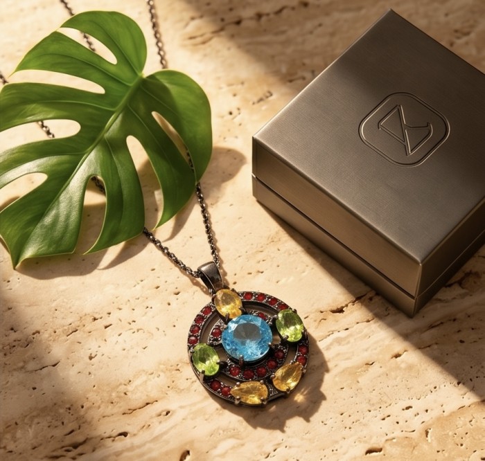 Atlantica - amazing quality 5.5 CARAT genuine Swiss Blue Topaz black rhodium over .925 Sterling Silver handmade pendant - Colorful pendant with gemstones and box on marble surface, top view