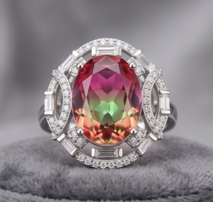 Carolyn 6.8 carat Brazilian Tourmaline .925 Sterling Silver Perfectly handcrafted Ring s. 8 1/4 - Close-up of Carolyn 6.8 ct Brazilian Tourmaline ring in sterling silver