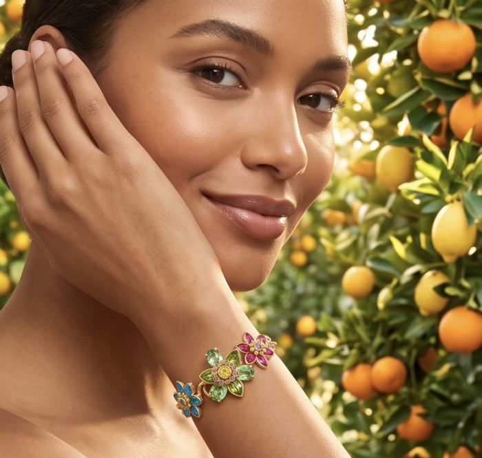 35.2 carat Blooming Garden Natural multicolot Topaz 14k Gold over .925 Sterling Silver handcrafted Statement Bracelet - Model wearing 35.2 carat multicolor topaz bracelet in garden setting