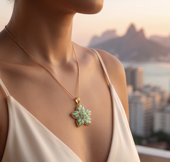 Floral design - authentic 25.5 carat Colombian Emerald 18K Gold over .925 Sterling Silver handcrafted Pendant - Floral emerald pendant on woman; close-up side view, skyline in background.