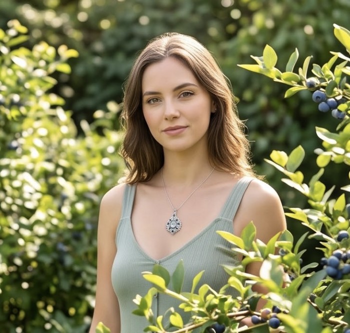 Isabel Authentic 20.2 carat Green Amethyst Sapphire rhodium over .925 Sterling Silver handmade pendant - Woman wearing Isabel Green Amethyst pendant in outdoor setting