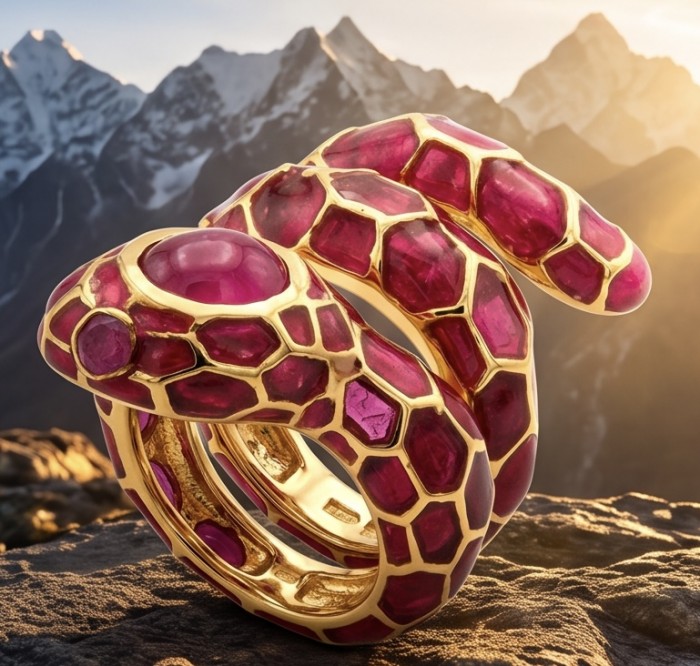 Red Snake Ruby Enamel 18K Gold over 3.5 carat Ruby 22K Gold over .925 Sterling Silver Huge handcrafted Ring s. 6 - Close-up of red snake ring with rubies and gold against mountain background