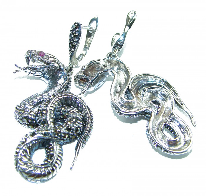 Snakes Ruby Marcasite .925 Sterling Silver handcrafted Earrings - photo 1