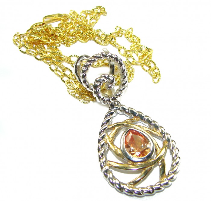 Mystery Natural Golden Topaz 2 tones .925 Sterling Silver handcrafted necklace - Golden topaz pendant with silver chain, close-up angle.