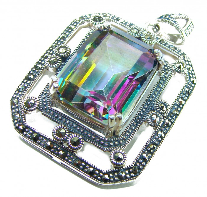 Spectacular 14.2 cut Mystic Topaz Marcasite .925 Sterling Silver handcrafted Pendant - Close-up of Mystic Topaz with marcasite detailing in sterling silver.