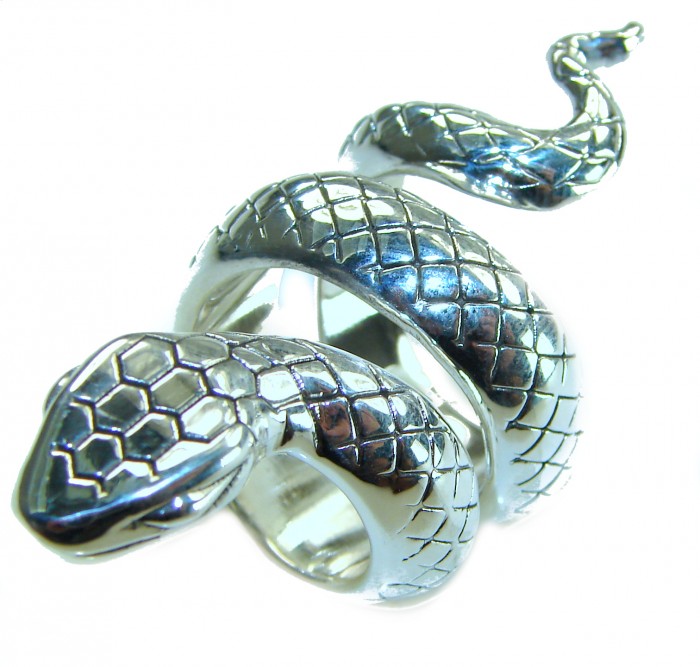 Large Boa Snake .925 Sterling Silver handcrafted Statement SPINAL Ring size 7 - Large snake ring in sterling silver, top angled view showing details.