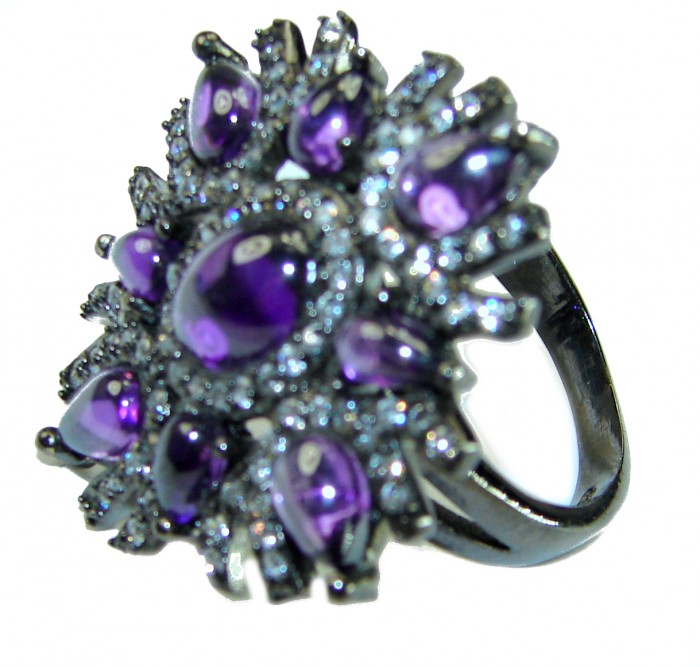 10.2 carat Amethyst black rhodium over .925 Sterling Silver Handcrafted Large Ring size 7 1/4 - Close-up of 10.2 carat amethyst ring, black rhodium over .925 sterling silver.