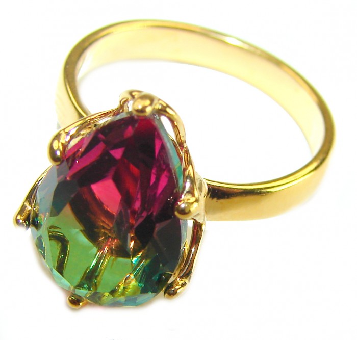 5.9 carat pear cut Brazilian Tourmaline 14K Gold over .925 Sterling Silver Perfectly handcrafted Ring s. 7 - Close-up of pear cut Brazilian Tourmaline ring in gold setting