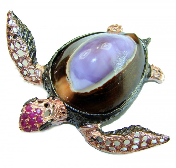 Good health and Long life Big Turtle Genuine Ocean Shell Ruby 14K Gold over .925 Sterling Silver handcrafted Pendant brooch - Top view of turtle-shaped jewelry with purple shell and red accents.