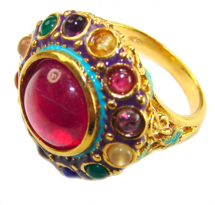 Nirvana Genuine 10.5 CARAT Ruby enamel 24K Gold over .925 Sterling Silver Large Statement Ring size 7 - Close-up of a Nirvana ring with ruby and multicolored gemstones.