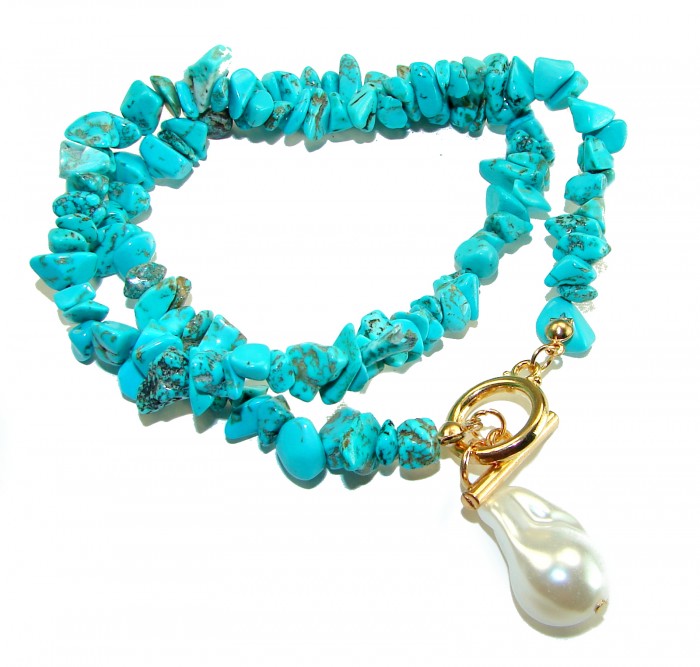 Luxurious natural Turquoise 14K Gold over .925 Sterling Silver handmade necklace - Turquoise necklace with gold clasp and pearl detail, top view.