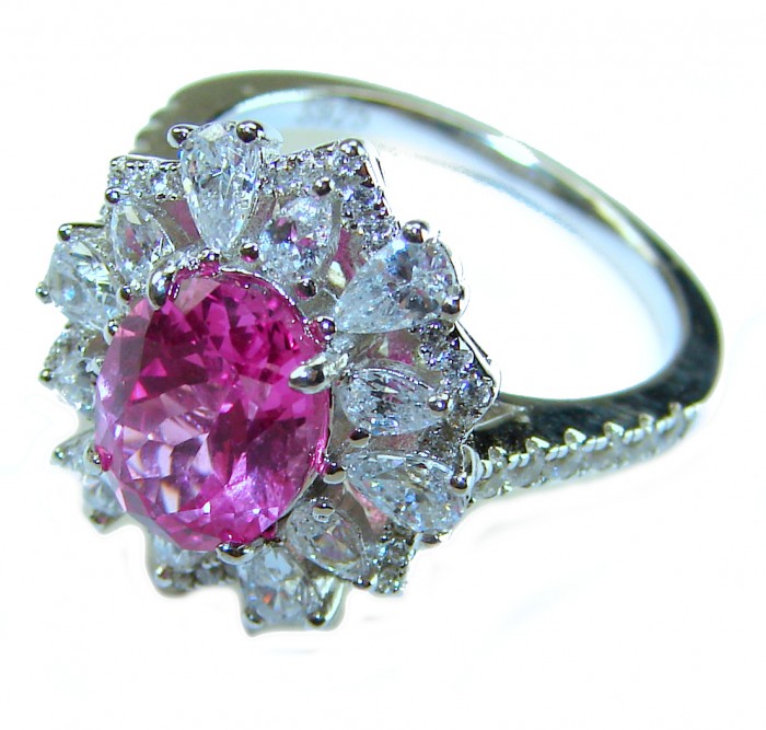 Blooming Beauty 5.8 carat Pink Sapphire .925 Silver handcrafted Cocktail Ring s. 6 1/4 - Pink sapphire ring close-up with diamond halo, side view.