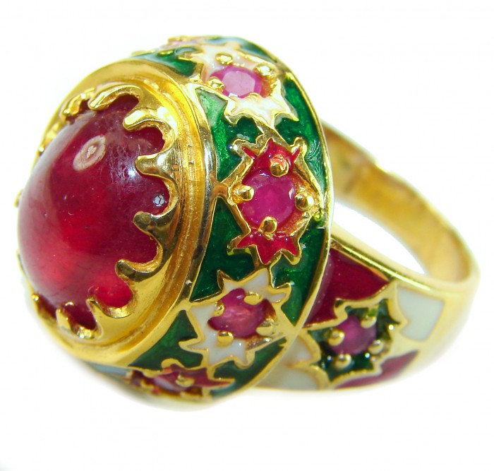 Divine Creation 10.5 carat Mozambique Ruby Enamel 18K Gold over .925 Sterling Silver handcrafted Ring s. 8 1/4 - Close-up of 10.5 carat Mozambique ruby ring with enamel and 18K gold.