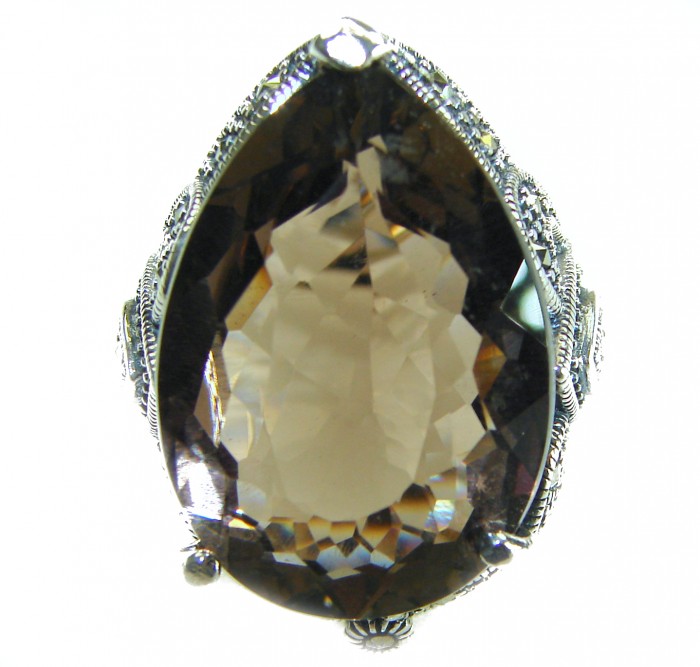 Rare Finding! Natural 28.4 carat Smoky Quartz Marcasite .925 Sterling Silver handmade Large Statement Ring size 8 - Smoky Quartz and Marcasite ring, front view close-up of stone.