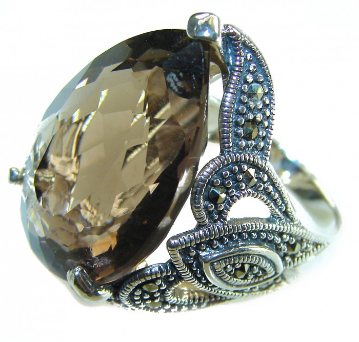 Rare Finding! Natural 28.4 carat Smoky Quartz Marcasite .925 Sterling Silver handmade Large Statement Ring size 8 - Close-up of 28.4 carat smoky quartz marcasite ring with detailed setting.