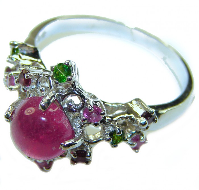 Natural 3.9 carat Ruby .925 Sterling Silver handmade Statement Ring size 8 - Close-up of a natural ruby ring in .925 sterling silver setting.
