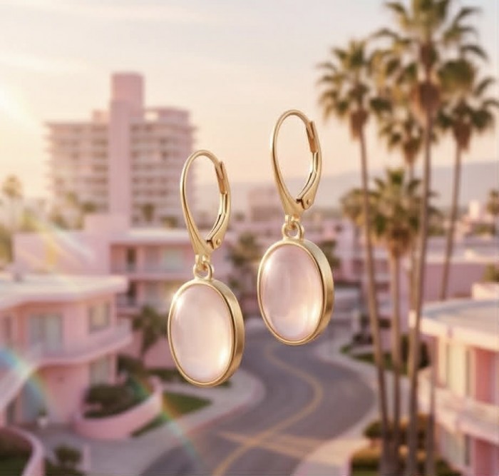 Authentic 10.2 carat Rose Quartz 18K Gold over .925 Silver handcrafted Statement earrings - Rose quartz earrings in front of palm trees, close-up.