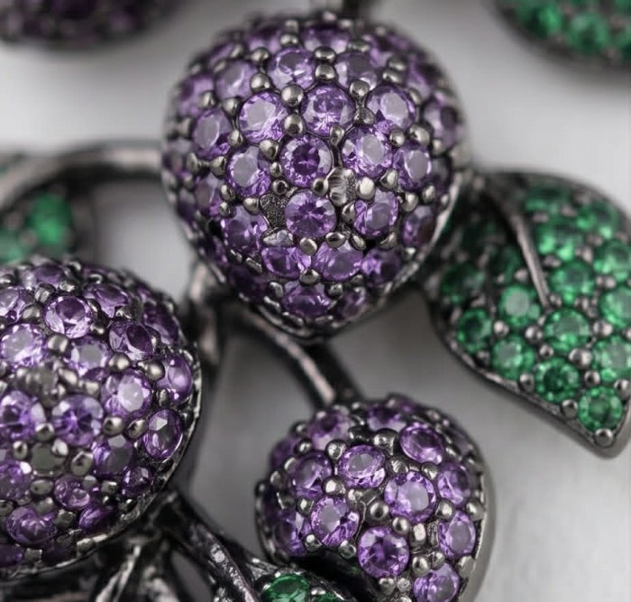 Summer Garden authentic 24.2 carat Amethyst Chrome Diopside .925 Sterling Silver dipped in black rhodium handcrafted earrings - Close-up of amethyst and chrome diopside jewelry detail.
