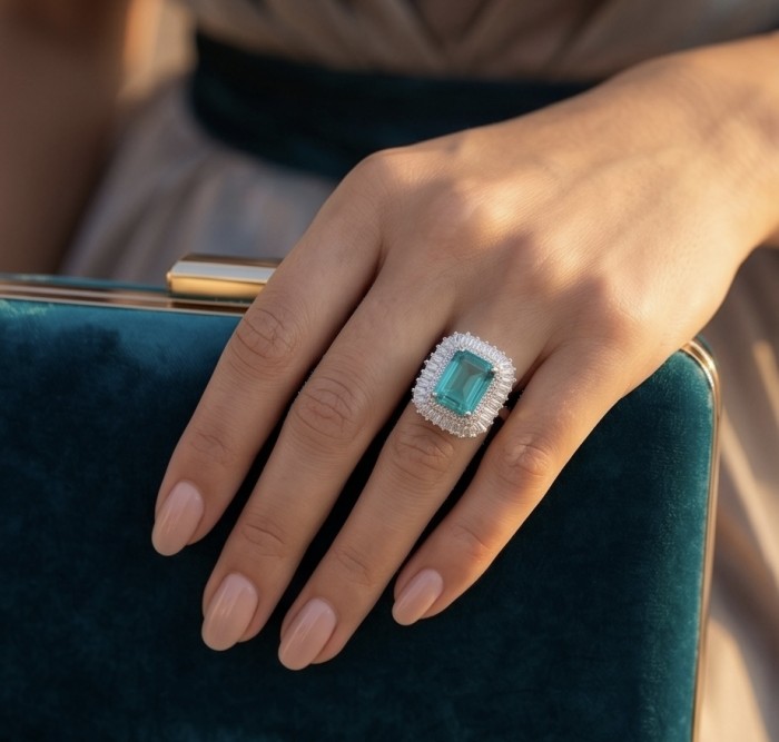 Art Deco emerald cut 10.2 carat Colombian Emerald 7.3 carat White Topaz .925 Sterling Silver dipped in Rhodium handcrafted Ring size 7 1/2 - Emerald ring worn on hand with clutch; Art Deco style, close-up view.