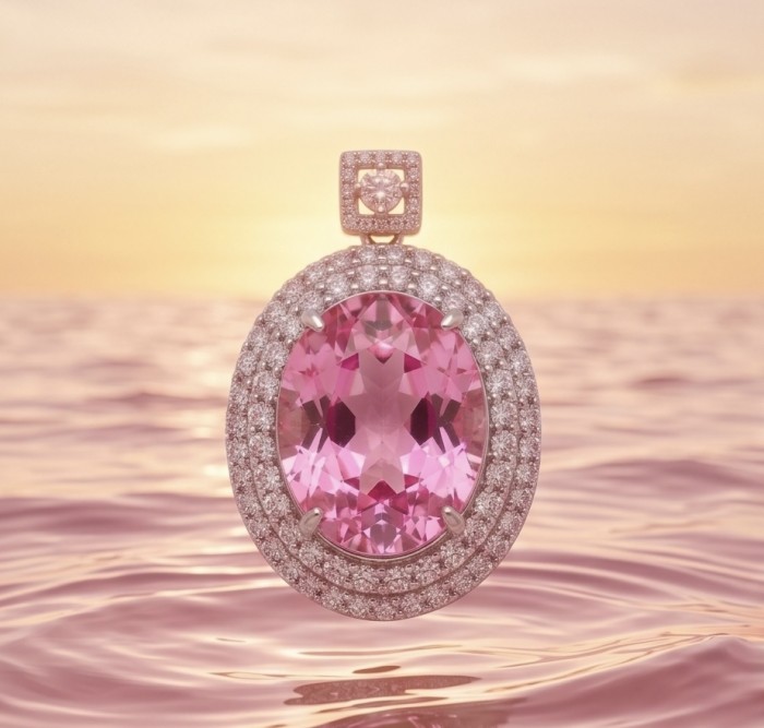 Incredible oval cut 18.8 carat Pink Sapphire .925 Sterling Silver handcrafted pendant - Close-up of oval pink sapphire pendant on pink ocean background.