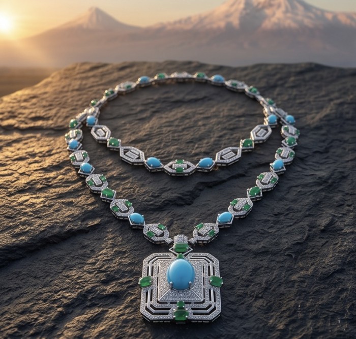 Art Deco - Pacifica - 178.4 carat Turquoise Emerald .925 Sterling Silver handmade Statement necklace; 24 inches long - Art Deco necklace on rock, showcasing turquoise and emerald stones.