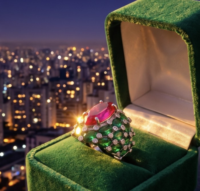 Giovanna 28.6 carat Ruby Emerald .925 Sterling Silver dipped rhodium handmade Huge Statement Ring size 9 1/4 - Ruby and emerald ring in box with city lights in background