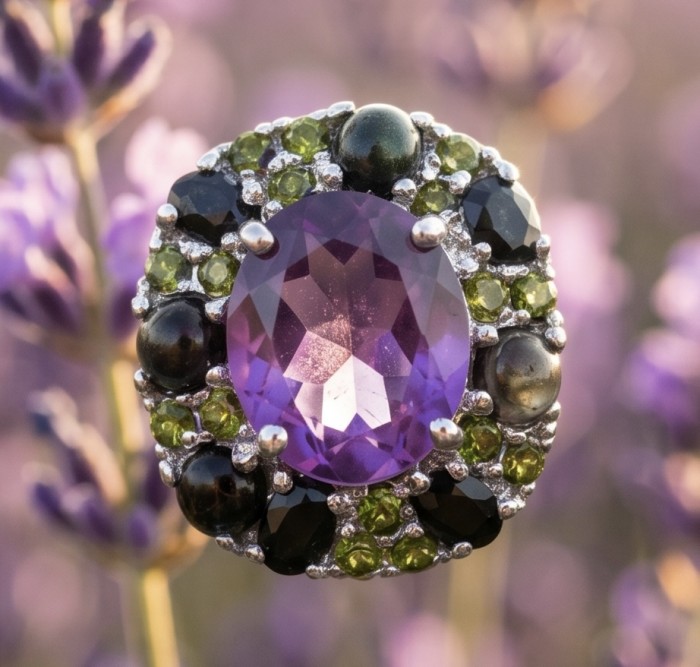 Francesca Genuine 8.9 carat Brazilian Amethyst rhodium over .925 Sterling Silver handcrafted Statement handcrafted earrings - Close-up of Francesca Brazilian Amethyst ring with surrounding stones