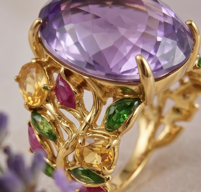 Peace 17.5 carat fancy Rose cut natural Amethyst 22K Gold over .925 Sterling Silver Handcrafted Ring size 6 1/4 - Close-up of 22K gold ring with amethyst and colorful gemstones.