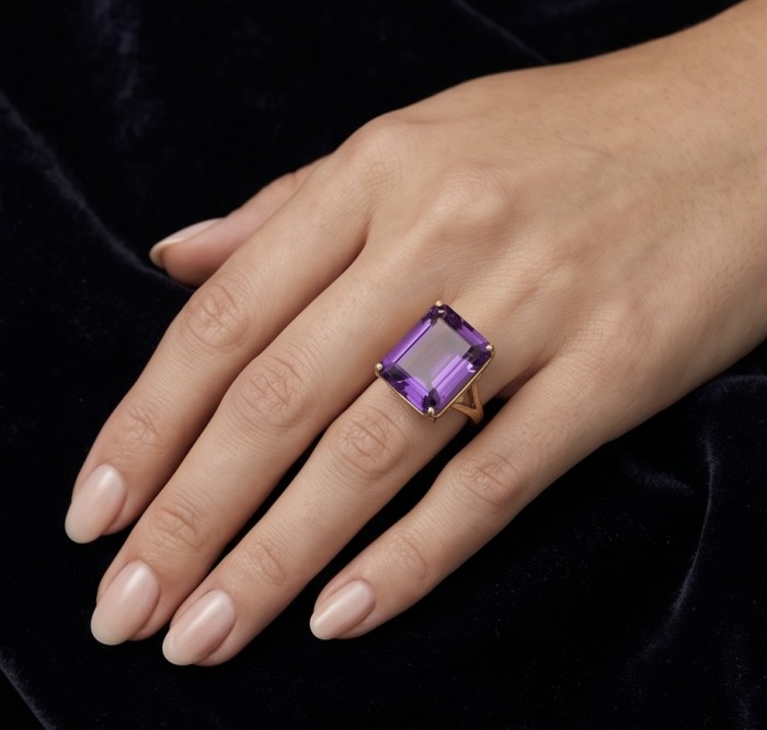Empress of Uruguay 31.2 carat natural Amethyst .925 Sterling Silver dipped in 22K Gold Handcrafted Ring size 7 - Amethyst ring on hand, showcasing its 31.2-carat rectangular stone.